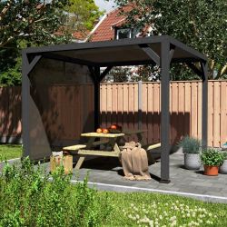 Pergola Silvano zwart gespoten vurenhout met zonweringdoek en zijdoek