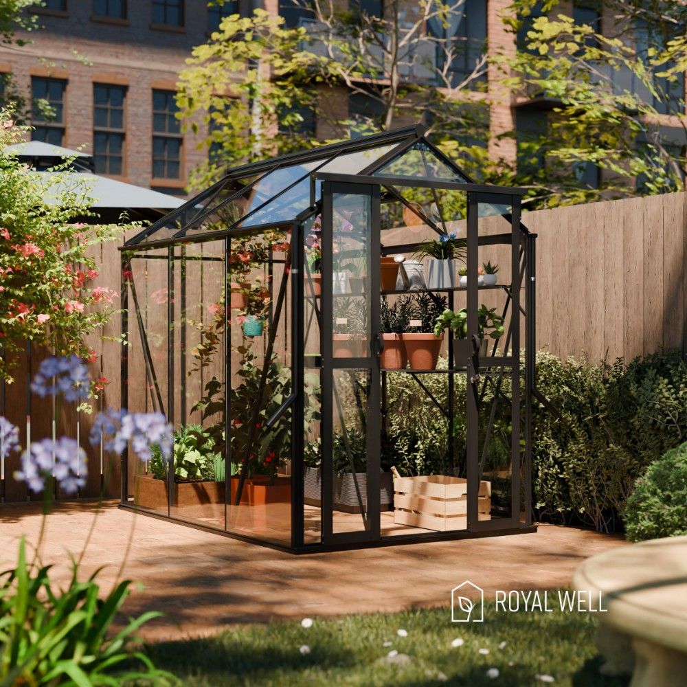 Royal Well Anne 2 tuinkas met veiligheidsglas en fundering - zwart