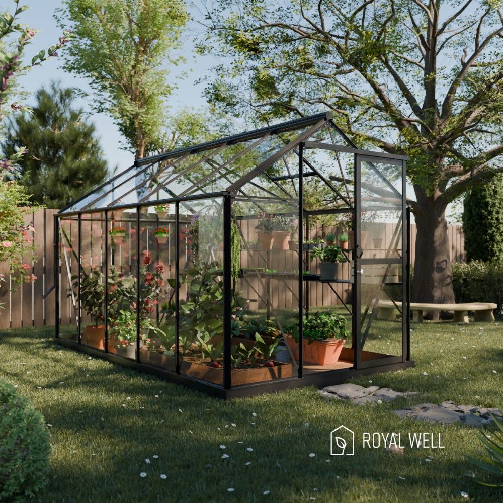Royal Well Mary 3 tuinkas met veiligheidsglas en fundering - zwart